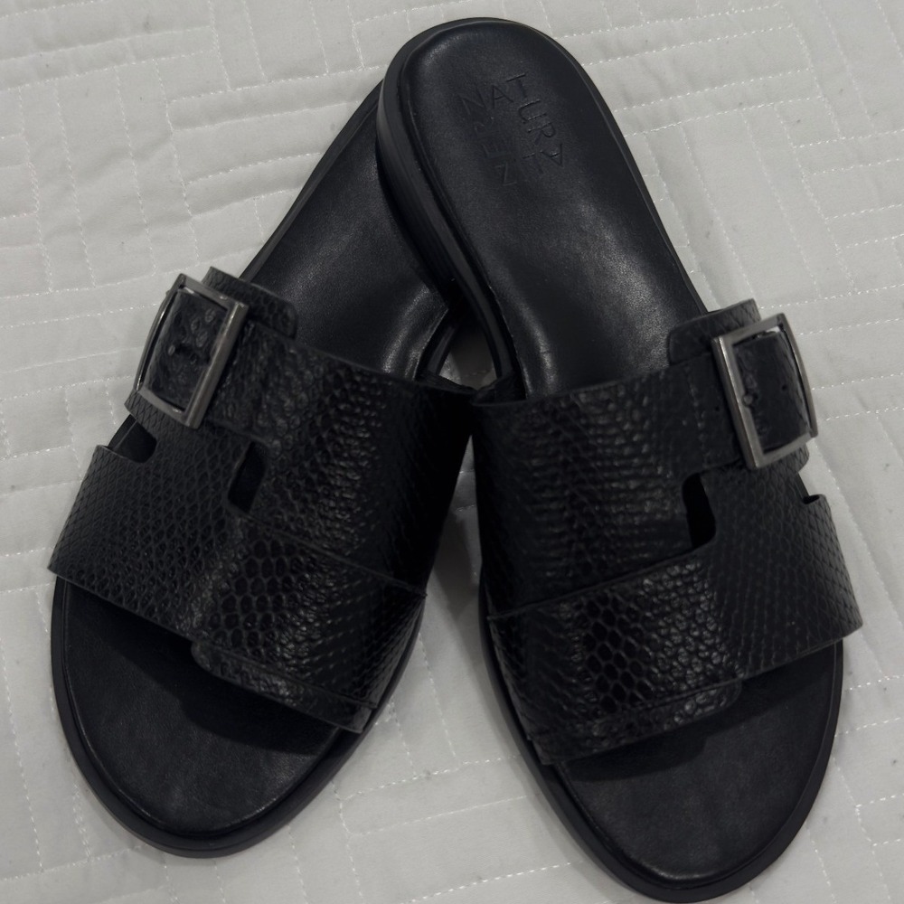 Naturalizer Black Leather Snake Embossed Buckle Slide Sandals Womens 8.5W